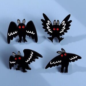 NEW Set of 4 Mothman Enamel Pins Cryptid Horror Goth Supernatural Black White